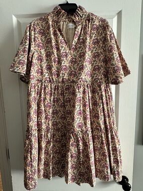 Floral Tiered Mini Dress - Cream with Pink and Green Print